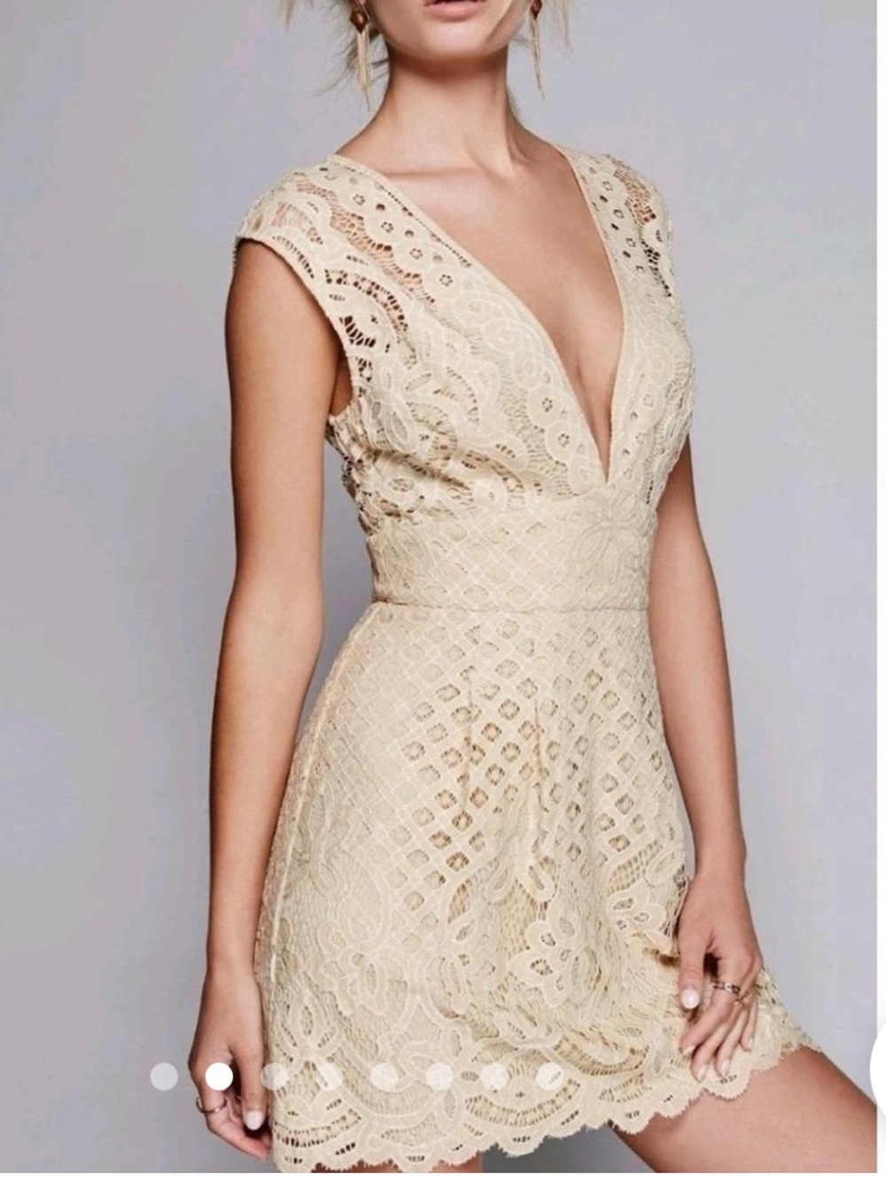 Free People Cream Lace V-Neck Mini Dress with Scalloped Hem